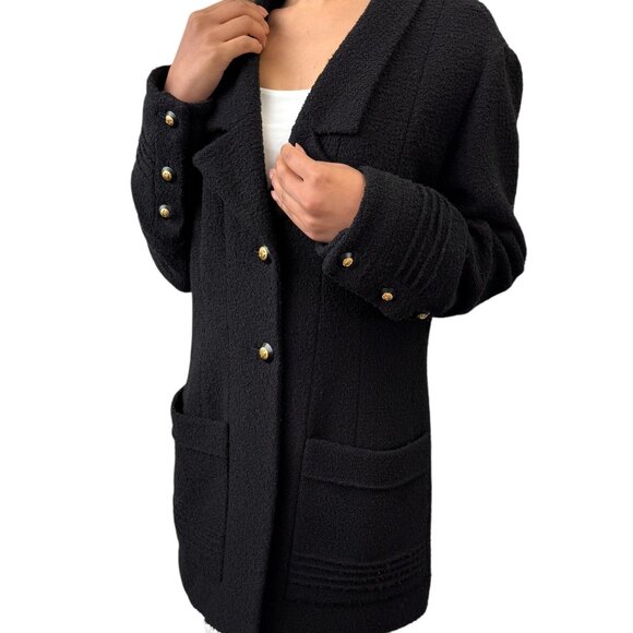 CHANEL Vintage CC Mark Logo Gold Button Coat Jacket # Black Wool Silk [106396] - Picture 4 of 11